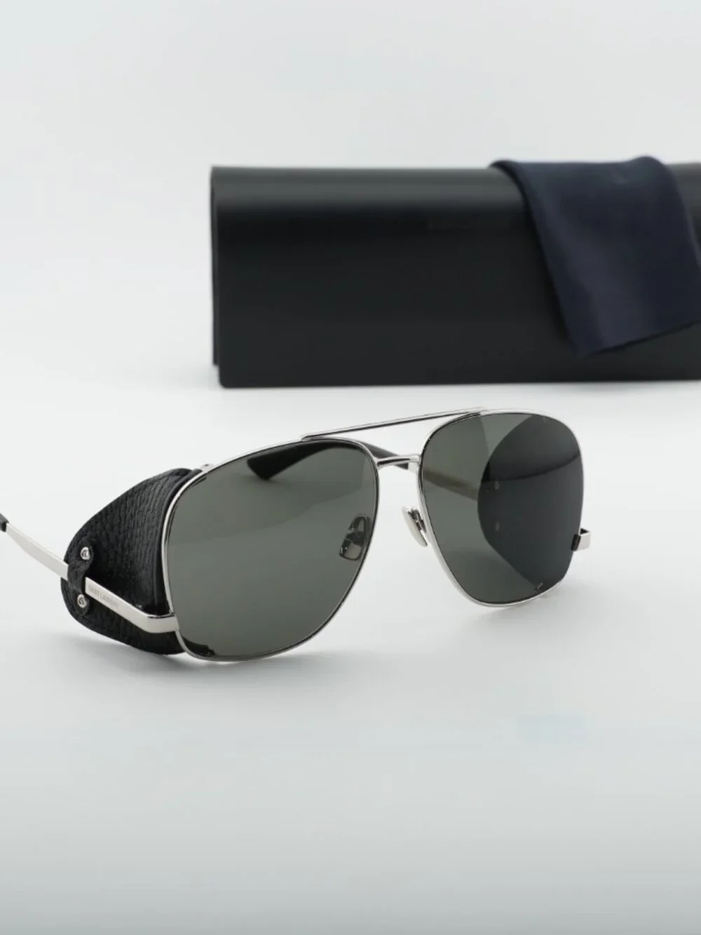 Saint Laurent SL653LEONLEATHERSPOILER001 Aviator Sunglasses - Silver/Black /Grey